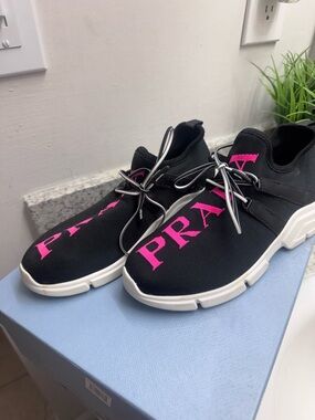 Prada Black Knit Slip-On Sneakers with Pink Logo